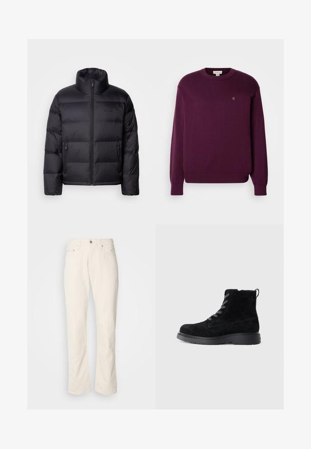 Calvin Klein PUFFER - Páperová bunda - black; Fialový pletený sveter s dlhými rukávmi, okrúhlym výstrihom, rebrovaným lemom a manžetami, s malým logom CK na hrudi. Hladká textúra.; Béžové bavlnené džínsy s klasickým strihom rovného nohu, so zapínaním na prednom tlačidle, piatimi vreckami a jemnými detailmi v šití.; Čierne semišové členkové čižmy s textúrovaným povrchom, okrúhlou špičkou, šedými šnúrkami a pevným čiernym podpätkom. Obsahujú malý úchyt na zadnej strane.