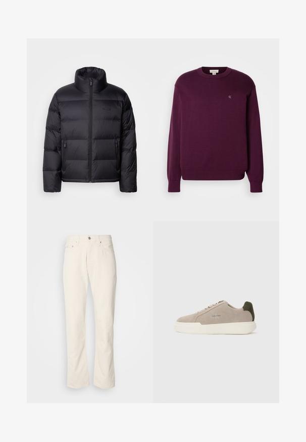 Calvin Klein PUFFER - Páperová bunda - black; Fialový pletený sveter s dlhými rukávmi, okrúhlym výstrihom, rebrovaným lemom a manžetami, s malým logom CK na hrudi. Hladká textúra.; Béžové bavlnené džínsy s klasickým strihom rovného nohu, so zapínaním na prednom tlačidle, piatimi vreckami a jemnými detailmi v šití.; Béžové semišové tenisky s bielou gumovou podrážkou, zdobené tmavozeleným akcentom na päte a jemným brandingom na boku.