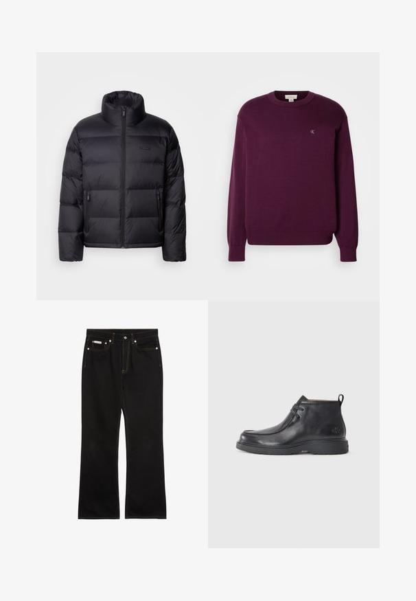Calvin Klein PUFFER - Gewatteerde jas - black; Paarse gebreide trui met lange mouwen, ronde hals, geribbelde zoom en manchetten, en een klein CK-logo op de borst. Gladde textuur.; Zwarte jeans met rechte pijpen, oranje stiksels, vijf zakken, knoopsluiting en een klein Calvin Klein-label op de voorste rechterzak.; Zwarte leren enkellaarsjes met een ronde neus, vetersluiting en een lipje aan de achterkant. Geribbelde bovenkant en rubberen zool.