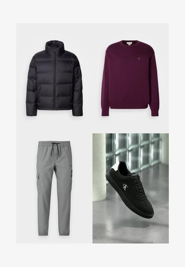 Calvin Klein PUFFER - Daunenjacke - black; Lila Strickpullover mit langen Ärmeln, rundem Ausschnitt, geripptem Saum und Bündchen, mit kleinem CK-Logo auf der Brust. Glatte Textur.; Graue Jogginghose mit elastischem Bund, Kordelzug und seitlichen Cargotaschen. Hergestellt aus leichtem Stoff mit glatter Oberfläche.; Schwarzer Calvin Klein Sneaker mit weißem Fersenlasche und CK-Logo an der Seite, schwebend über poliertem Betonboden vor einer Wand aus Glasbausteinen.