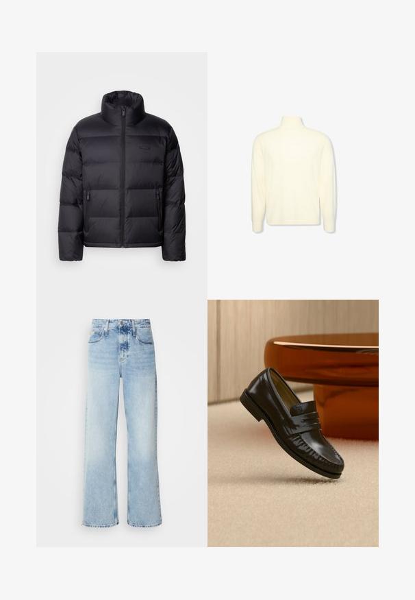 Calvin Klein PUFFER - Doudoune - black; Pull col roulé crème à manches longues avec des poignets côtelés et un logo discret sur la poitrine, présenté sur un fond blanc uni.; Jean large bleu clair à taille haute, avec une finition délavée, des passants de ceinture et un design classique à cinq poches. L'ourlet est brut.; Mocassin en cuir noir brillant avec un détail de bride, posé sur un tapis beige près d'une table basse ronde en bois brun dans une pièce doucement éclairée.