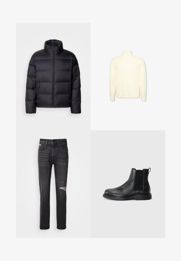 Calvin Klein PUFFER - Páperová bunda - black; Krémový dlhý rukáv s rolákom, s rebrovanými manžetami a jemným logom na hrudi, zobrazený na bielom jednoliatom pozadí.; Čierne džínsy z denimu s rovnými nohavicami, so zničením v oblasti kolena, štýlom s piatimi vreckami a mierne vyblednutým povrchom.; Čierne kožené chelsea čižmy s textúrovaným povrchom, elastickými bočnými panelmi a pevným gumovým podpätkom. Diskrétny branding na päte.