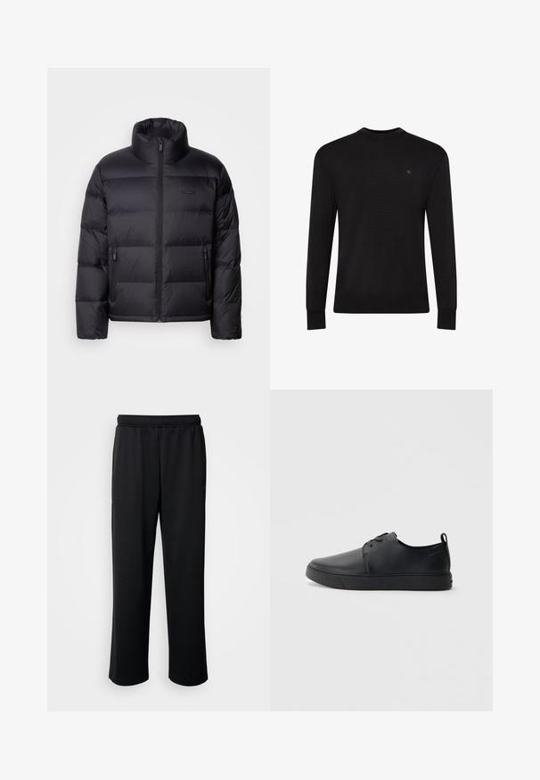 Calvin Klein PUFFER - Chaqueta de plumas - black; Jersey negro de manga larga con cuello redondo, pequeño logo sutil en la parte superior izquierda del pecho y puños y bajo acanalados.; Pantalones deportivos negros elaborados con una tela suave y transpirable. Cuentan con una cinturilla elástica y perneras rectas sin acentos o patrones prominentes.; Zapatilla negra de cuero con acabado suave, punta redondeada, costuras a tono, cordones en la parte delantera y suela de goma plana. Asa en el talón.