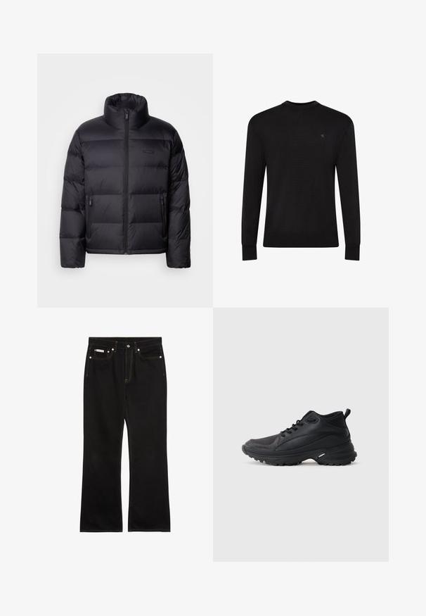Calvin Klein PUFFER - Gewatteerde jas - black; Zwarte trui met lange mouwen en ronde hals, met een klein subtiel logo op de bovenste linkerborst en geribbelde manchetten en zoom.; Zwarte jeans met rechte pijpen, oranje stiksels, vijf zakken, knoopsluiting en een klein Calvin Klein-label op de voorste rechterzak.; Zwarte sportschoenen gemaakt van synthetisch materiaal. Voorzien van een gevoerde kraag, ronde neus, stevige buitenzool met grip en merkembleem.