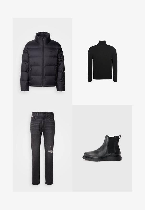Calvin Klein PUFFER - Páperová bunda - black; Čierny rolák s dlhými rukávmi so štíhlym strihom a jemným logom na ľavej strane hrudníka, zobrazený na bielom pozadí.; Čierne džínsy z denimu s rovnými nohavicami, so zničením v oblasti kolena, štýlom s piatimi vreckami a mierne vyblednutým povrchom.; Čierne kožené chelsea čižmy s textúrovaným povrchom, elastickými bočnými panelmi a pevným gumovým podpätkom. Diskrétny branding na päte.