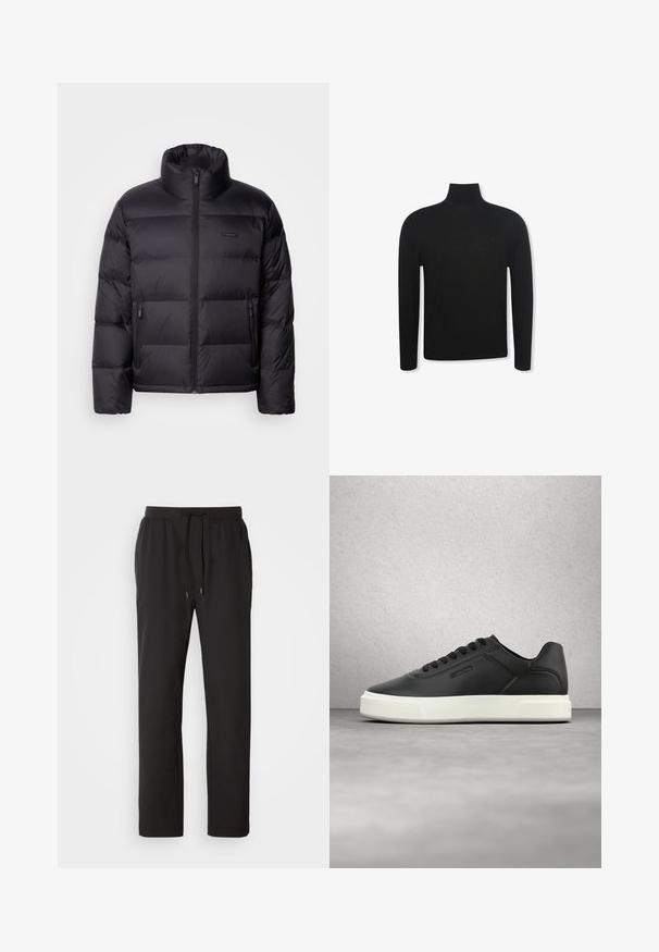 Calvin Klein PUFFER - Gewatteerde jas - black; Zwarte coltrui met lange mouwen, een slanke pasvorm en een subtiel logo op de linkerborst, weergegeven op een witte achtergrond.; Zwarte joggingbroeken van lichtgewicht stof, met een elastische tailleband en verstelbare trekkoorden, evenals zijzakken. Soepele textuur.; Zwarte leren sneakers met een witte rubberen zool, afgeronde neus en platte veters. Gestructureerde accenten aan de zijkanten, minimalistisch design.