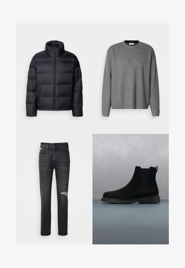 Calvin Klein PUFFER - Chaqueta de plumas - black; Sudadera de punto gris con cuello redondo, que presenta un logo "ck" en relieve en el pecho y puños acanalados. Textura suave, ajuste relajado.; Jeans de mezclilla negra con un diseño de pierna recta, detalles desgastados en la rodilla, estilo de cinco bolsillos y un sutil acabado deslavado.; Botín negro de tobillo, hecho de material suave con costuras sutiles, suela de goma y un diseño elegante, posicionado sobre una superficie con textura de madera.