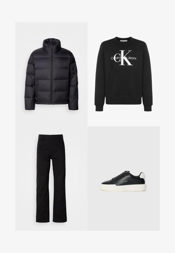 Calvin Klein PUFFER - Páperová bunda - black; Čierna mikina s dlhým rukávom a okrúhlym výstrihom s bielym logom Calvin Klein Jeans a veľkými štylizovanými písmenami "cK" na prednej strane.; Čierne bavlnené nohavice s rovnými nohavicami, s gombíkovým zapínaním a pútkami na opasok. Hladká textúra a minimalistický štýl bez viditeľných vzorov.; Čierne kožené tenisky s bielou gumovou podrážkou. Vybavené okrúlym špičkou, dizajnom na šnurovanie a detailom loga na boku. Zadný akcent v bielej farbe.