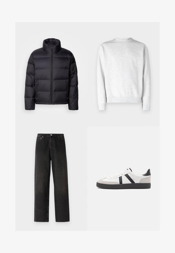 Calvin Klein PUFFER - Chaqueta de plumas - black; Sudadera color gris claro de cuello redondo, fabricada en suave material de forro polar, con puños y dobladillo de canalé, y un acabado de textura lisa.; Jeans de denim negro con un diseño de pierna recta, que cuentan con un estilo de cinco bolsillos, botón de latón y sutiles variaciones en la textura de la tela.; Zapatilla blanca con acentos en negro y gris, que presenta una puntera texturizada en gris, suela de goma negra y cordones planos blancos. Diseño limpio, estilo minimalista.