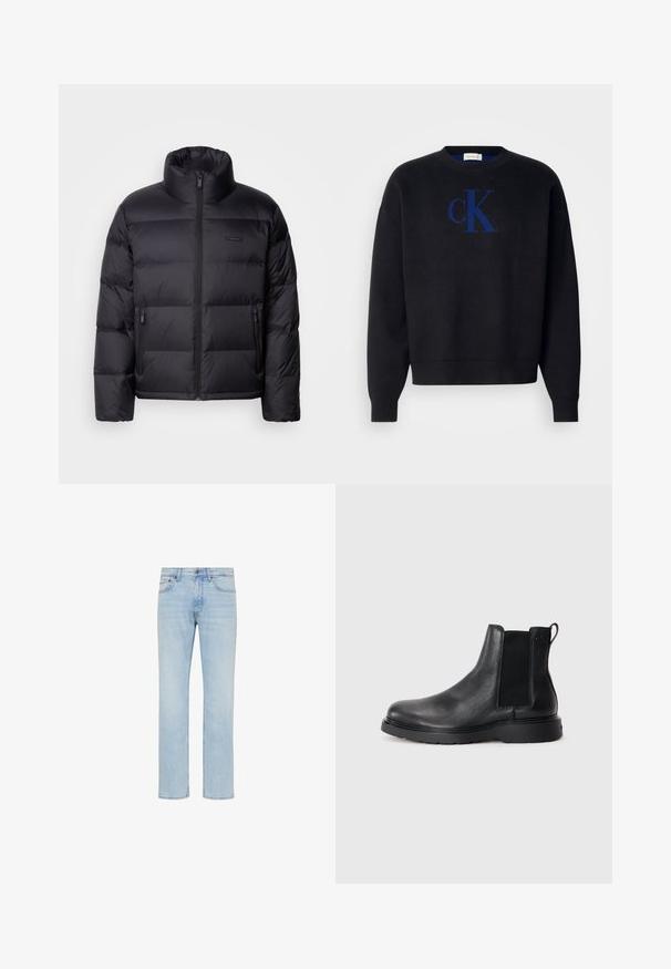 Calvin Klein PUFFER - Gewatteerde jas - black; Zwarte gebreide sweater met een ronde halslijn en geribbelde manchetten, met een blauwe geborduurde "cK"-logo op het midden voor.; Lichtblauwe rechttoe-rechtaan denim jeans met voorste knoop, ritssluiting en ontwerp met vijf zakken, getoond op een witte achtergrond.; Zwarte leren Chelsea boots met een gestructureerde afwerking, elastische zijpanelen en een stevige rubberen zool. Subtiele branding op de hiel.