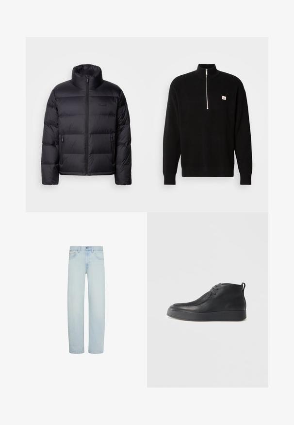 Calvin Klein PUFFER - Daunenjacke - black; Schwarzer Strickpullover mit hohem Kragen und Reißverschluss. Verfügt über ein kleines Logo-Patch auf der linken Brust. Rippstrickstruktur und lange Ärmel.; Hellblaue Denim-Jeans mit geradem Bein, vorderem Knopf- und Reißverschluss, Gürtelschlaufen und Vordertaschen.; Schwarze Leder-Ankle-Boots mit strukturiertes Obermaterial, Schnürung vorne, Zugschlaufe an der Ferse und dicke Gummisohle vor einem hellen Hintergrund.
