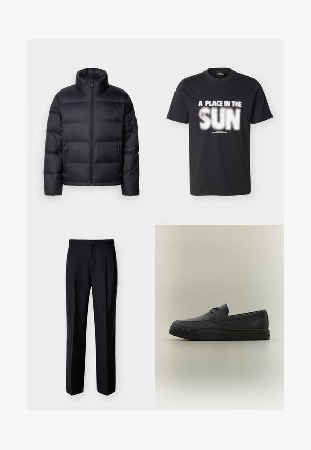 Calvin Klein PUFFER - Μπουφάν με πούπουλα - black; Μαύρο κοντομάνικο T-shirt με λευκό κείμενο "A PLACE IN THE SUN" σε έντονη, τεθλασμένη γραμματοσειρά στο στήθος.; Μαύρο παντελόνι με ίσια γραμμή, πιέτες στο μπροστινό μέρος και πλαϊνές τσέπες. Κατασκευασμένο από απαλό, ελαφρύ ύφασμα με μοτίβο μονής απόχρωσης.; Μαύρο casual loafer δερμάτινο με κορδόνια και χοντρή λαστιχένια σόλα, εμφανίζεται από το πλάι σε ουδέτερο φόντο.