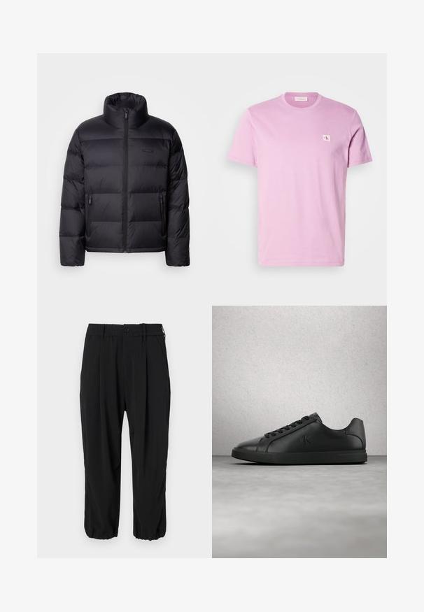 Calvin Klein PUFFER - Chaqueta de plumas - black; Camiseta de algodón rosa con cuello redondo, mangas cortas y un pequeño parche blanco con el logo de Calvin Klein en el lado izquierdo del pecho.; Pantalones negros cortos con cinturilla elástica y botón, bolsillos laterales y un corte relajado con puños en los tobillos.; Zapatilla deportiva de cuero negro con cordones y el logotipo "ck" en relieve, flotando sobre un suelo gris cerca de una pared de bloques de vidrio.