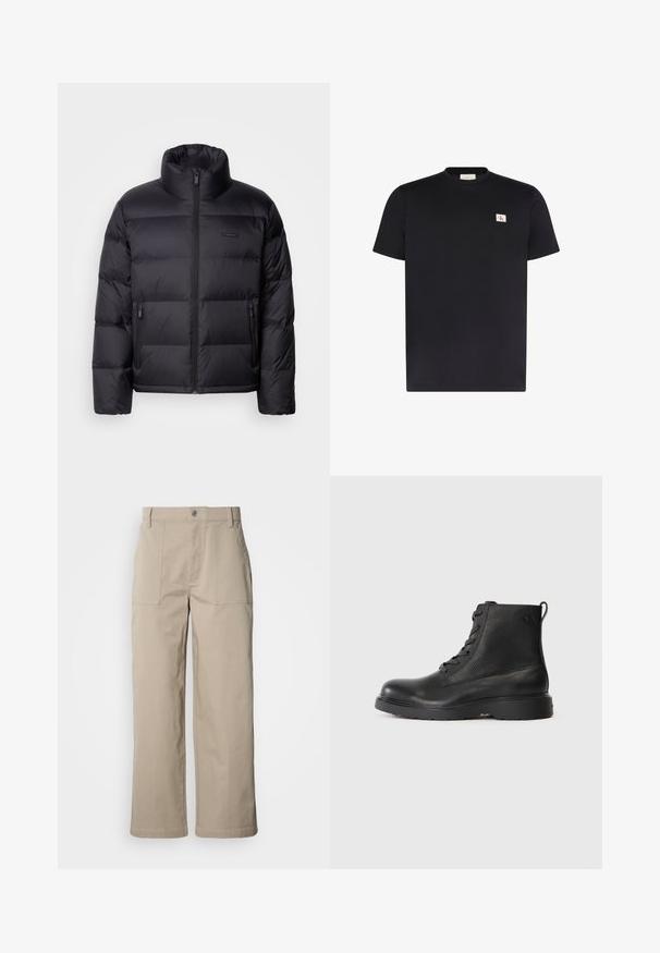 Calvin Klein PUFFER - Páperová bunda - black; Čierne tričko s krátkym rukávom a okrúhlym výstrihom s malým bielym obdĺžnikovým nášivkou s červenými a čiernymi písmenami CK na ľavej strane hrudníka.; Béžové nohavice s širokými nohavicami z bavlny; majú predné nášivkové vrecká, zapínanie na gombík a viditeľné prešívanie pozdĺž lemov.; Čierne členkové topánky vyrobené z textúrovanej kože s okrúhlou špičkou, šnurovací dizajn a robustná čierna gumená podrážka. Obsahujú pútko na päte.