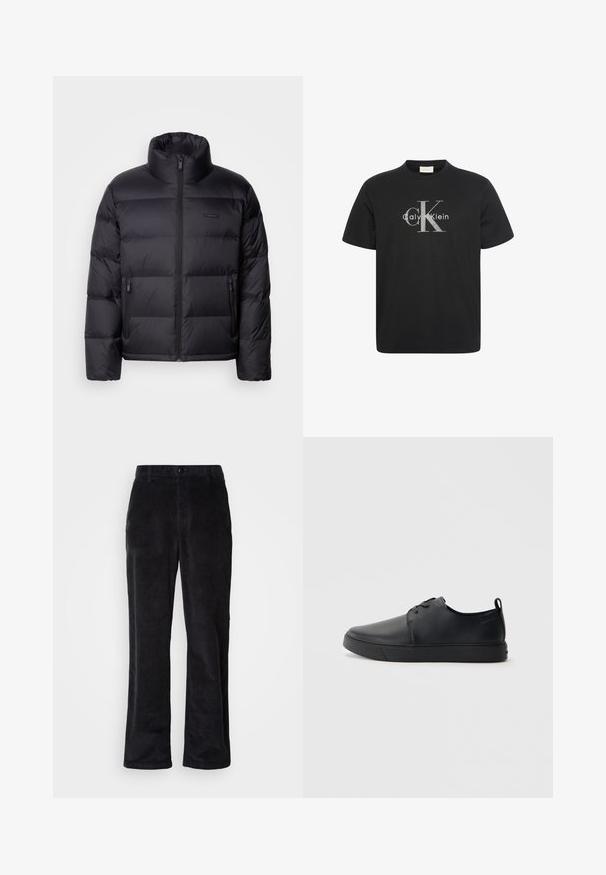 Calvin Klein PUFFER - Chaqueta de plumas - black; Camiseta negra de manga corta con un gran logo gris "cK" y texto blanco "Calvin Klein" centrado en el pecho.; Pantalones de pana en negro intenso con un diseño de pierna recta, que presentan cierre de botón, trabillas para cinturón y bolsillos laterales para un uso funcional.; Zapatilla negra de cuero con acabado suave, punta redondeada, costuras a tono, cordones en la parte delantera y suela de goma plana. Asa en el talón.
