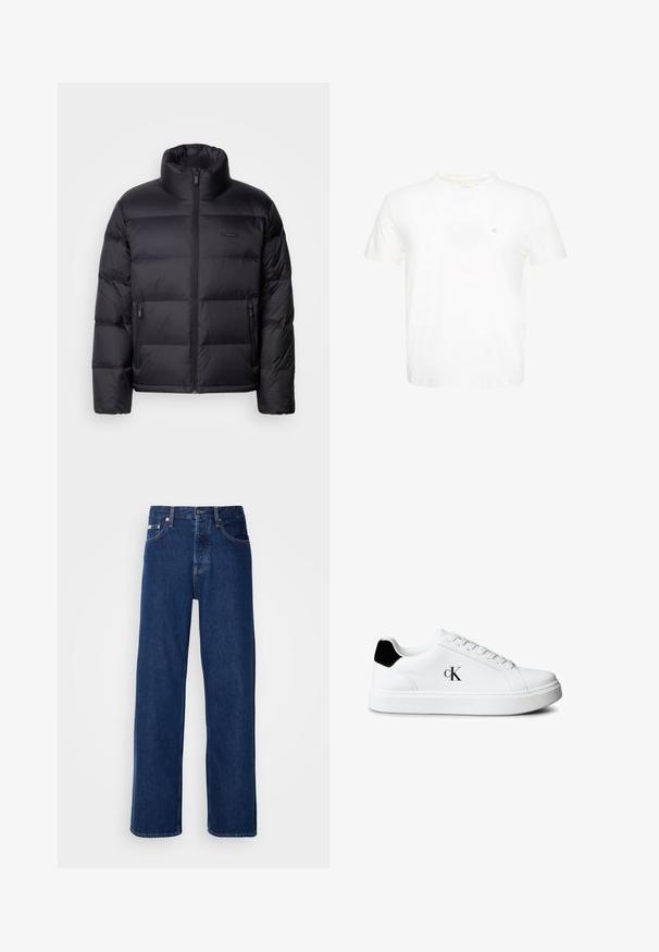 Calvin Klein PUFFER - Páperová bunda - black; Biele tričko s krátkym rukávom a okrúhlym výstrihom s malým vyšívaným logom "ck" na ľavej strane hrudníka.; Tmavomodré džínsy s širokým strihom, s gombíkovým zapínaním a klasickým piatym vreckovým dizajnom. Tkanina má hladkú textúru.; Biela nízka teniska s čiernou pätovou záložkou a logom „cK“ na boku, s bielymi šnúrkami a hrubou bielou podrážkou.