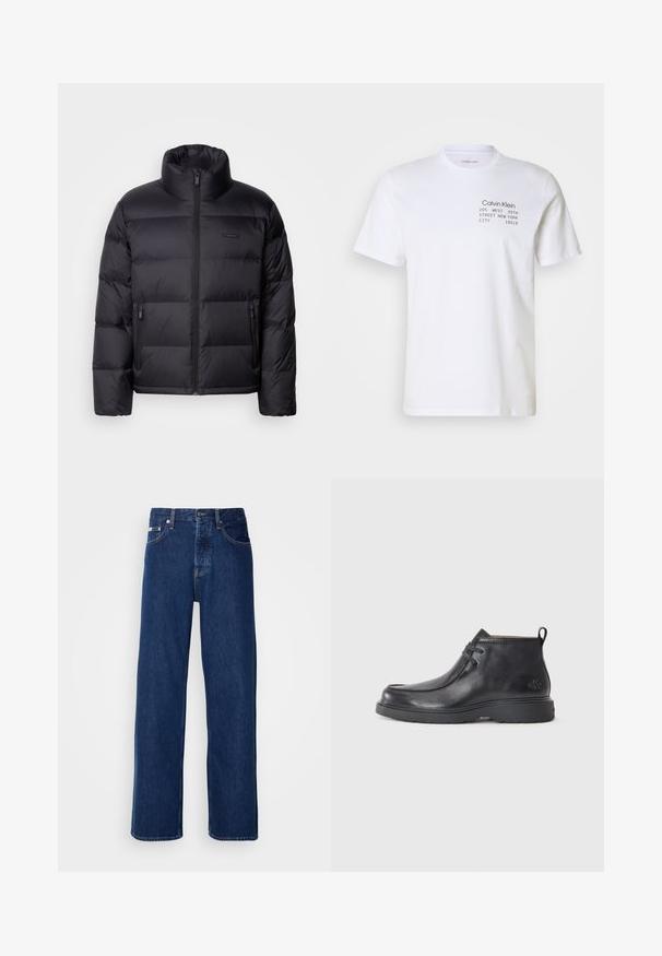 Calvin Klein PUFFER - Páperová bunda - black; Biela bavlnená tričko s krátkymi rukávmi, okrúhlym výstrihom a potlačou: "Calvin Klein 205 ZÁPAD 39. ULICE NEW YORK CITY 10018."; Tmavomodré džínsy s širokým strihom, s gombíkovým zapínaním a klasickým piatym vreckovým dizajnom. Tkanina má hladkú textúru.; Čierne kožené členkové čižmy s okrúhlou špičkou, šnurovací dizajn a pútko na zadnej strane. Štruktúrovaný zvršok a gumová podrážka.