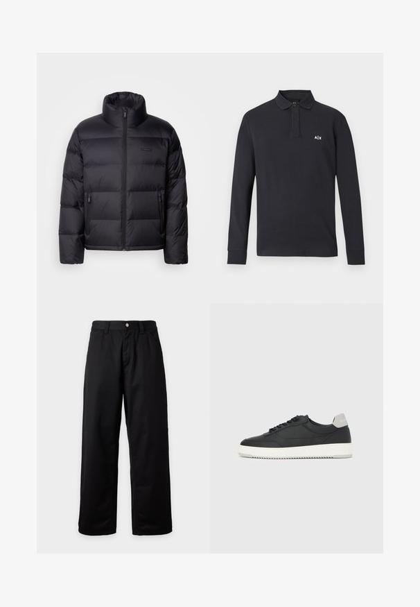 Calvin Klein PUFFER - Μπουφάν με πούπουλα - black; Μαύρο μακρυμάνικο πόλο μπλουζάκι με γιακά και κουμπί, με λευκό λογότυπο "A|X" στο αριστερό στήθος.; Μαύρο παντελόνι με φαρδιά μπατζάκια, θηλιές για ζώνη, κουμπί μπροστά και κλείσιμο με φερμουάρ, απεικονισμένο σε απλό φωτεινό φόντο.; Μαύρο αθλητικό παπούτσι χαμηλού τύπου με λευκή σόλα και γκρι ταμπελάκι στη φτέρνα, πλευρική όψη σε απλό λευκό φόντο.