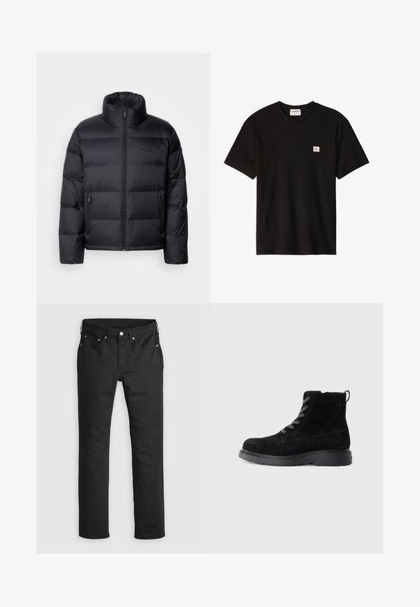 Calvin Klein PUFFER - Daunenjacke - black; Schwarzes kurzärmeliges, geripptes T-Shirt mit rundem Ausschnitt und kleinem weißem quadratischem Aufnäher mit rotem "cK" Logo auf der linken Brust.; Schwarze Jeanshose mit geradem Bein, ausgestattet mit einem Reißverschluss, fünf Taschen und Metallknopf-Akzenten. Glatte Textur.; Schwarze Wildleder-Stiefeletten mit einer strukturierten Oberfläche, runder Zehenpartie, grauen Schnürsenkeln und einer stabilen schwarzen Sohle. Verfügt über eine kleine Zuglasche an der Rückseite.