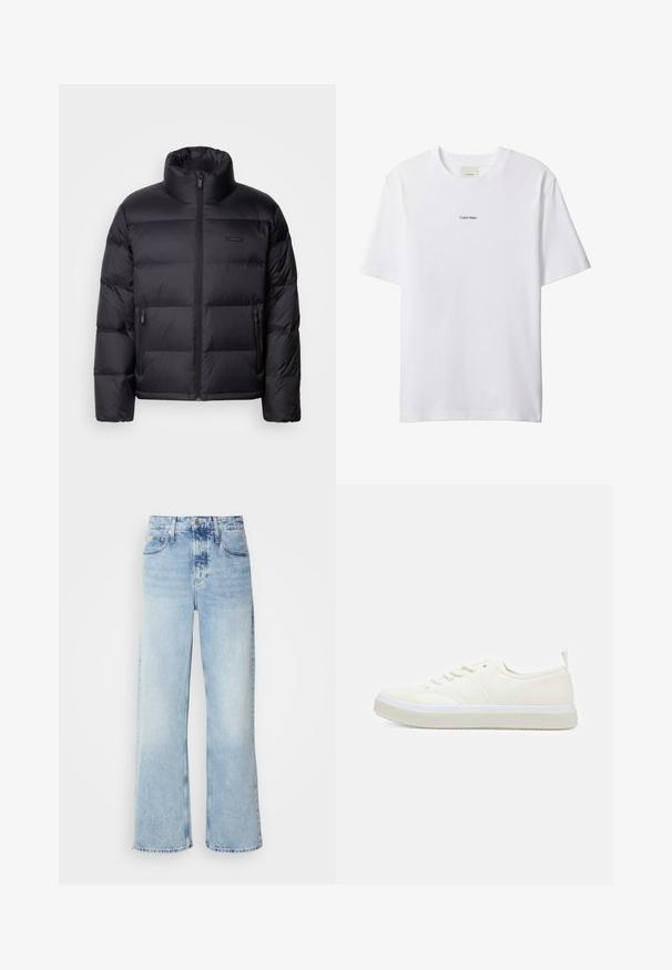 Calvin Klein PUFFER - Chaqueta de plumas - black; Camiseta blanca de algodón con cuello redondo y mangas cortas. Cuenta con un pequeño logo negro de "Calvin Klein" centrado en el pecho.; Vaqueros de pierna ancha en azul claro con una alta cintura, que presentan un acabado desgastado, cinturillas y un clásico diseño de cinco bolsillos. El dobladillo es sin acabar.; Calvin Klein TOP LACE UP UNIFIT - Zapatillas - salt bay