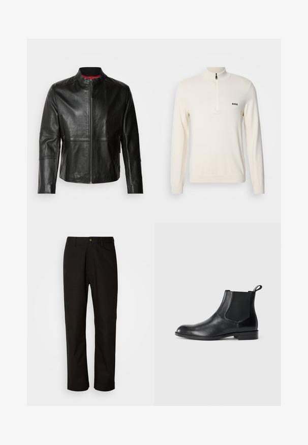 Veste en cuir noir avec col montant, fermeture éclair à l'avant et deux poches zippées sur les côtés. Texture lisse avec des détails cousus.; Pull en tricot beige clair avec un col montant et une demi-fermeture éclair, arborant un petit logo noir sur la poitrine gauche et des poignets côtelés.; Pantalon en coton noir avec une coupe droite, des passants de ceinture, une fermeture éclair à l'avant et un seul bouton. Texture lisse sans motifs visibles.; Bottine en cuir noir avec des panneaux latéraux élastiques, bout rond et tirette. Texture lisse, semelle plate, design minimaliste.