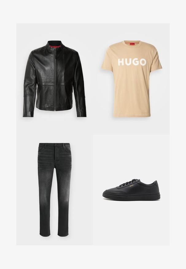 Zwarte leren jas met een staande kraag, voorkant met rits en twee zijzakken met ritssluiting. Gladde textuur met gestikte details.; Beige katoenen T-shirt met een ronde hals, korte mouwen en een prominent wit "HUGO" logo aan de voorkant. Soepele textuur, casual ontwerp.; Zwarte skinny-fit jeans met vervaagde details, vijfzakkenstijl en knoopsluiting in de taille.; Zwarte leren sneakers met een gladde textuur, ronde neus, platte rubberen zool en tonale veters. Kenmerkt zich door de gouden "BOSS" branding aan de zijkant.