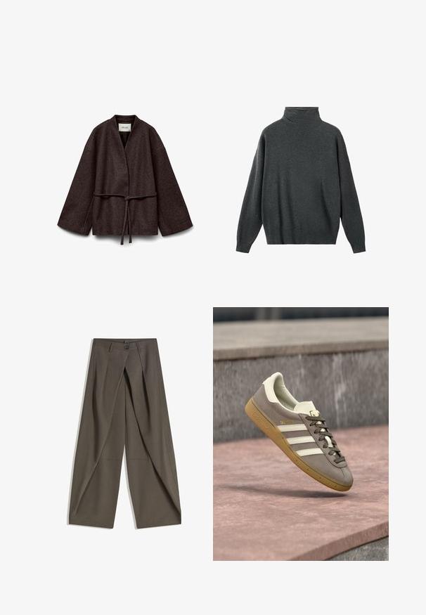 Veste ouverte en laine marron avec manches larges et une fine ceinture nouée à la taille, étiquette "AWARE" à l'intérieur du col.; Pull à col roulé gris foncé en tissu doux, avec une coupe décontractée, des manches longues, et des poignets et ourlet côtelés. Texture lisse.; Pantalons à jambes larges en tissu texturé gris foncé. Présente un pli avant, une fermeture par bouton et des poches latérales pour plus de praticité.; Baskets Adidas en suède marron clair avec des rayures blanches et une semelle gomme, suspendues au-dessus de marches en pierre rose en plein air.