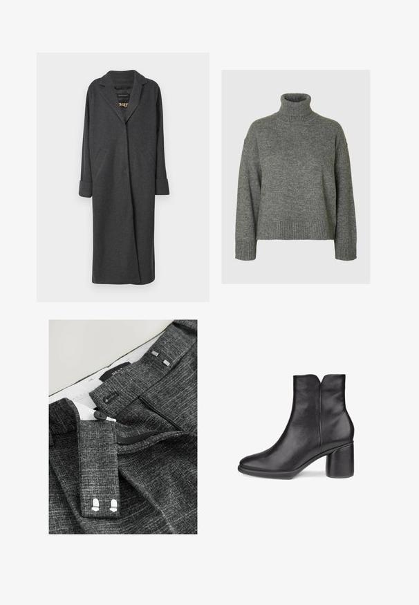 Lang grå frakke lavet af uldblanding, med en notch-krave, to forlommer og op-rullede ærmer. Glat tekstur og skræddersyet design.; Grå turtleneck sweater lavet af et blødt, tekstureret materiale med en afslappet pasform. Har ribbede detaljer ved krave, ærmer og kant. Enkel design.; Grå strukturerede bukser med knaplukning, lynlås og ekstra kroge, samt sølvfarvede detaljer på taljen og indvendig foring.; Sort læder ankelstøvle med rund tå, sidelås og chunky blokhæl.