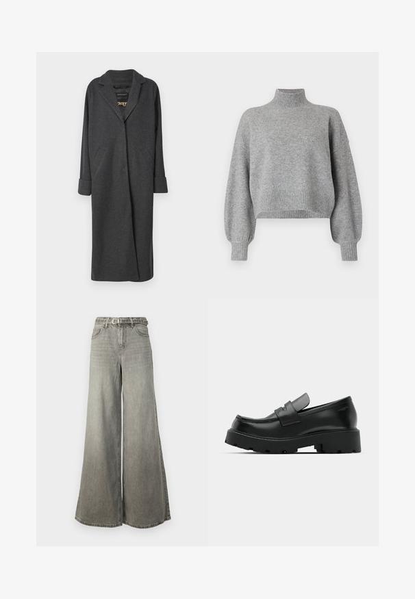 Lang grå frakke lavet af uldblanding, med en notch-krave, to forlommer og op-rullede ærmer. Glat tekstur og skræddersyet design.; Grå cropped sweater med høj krave, ribbede mansjetter og kant, samt droppede skuldre. Blød tekstur med minimale sømme.; Vero Moda Tall VMANNET WIDE BELT - Wide leg - medium grey denim; Sorte læder loafers med en chunky tekstureret sål, der har en rem over vamps og en glat, poleret finish.