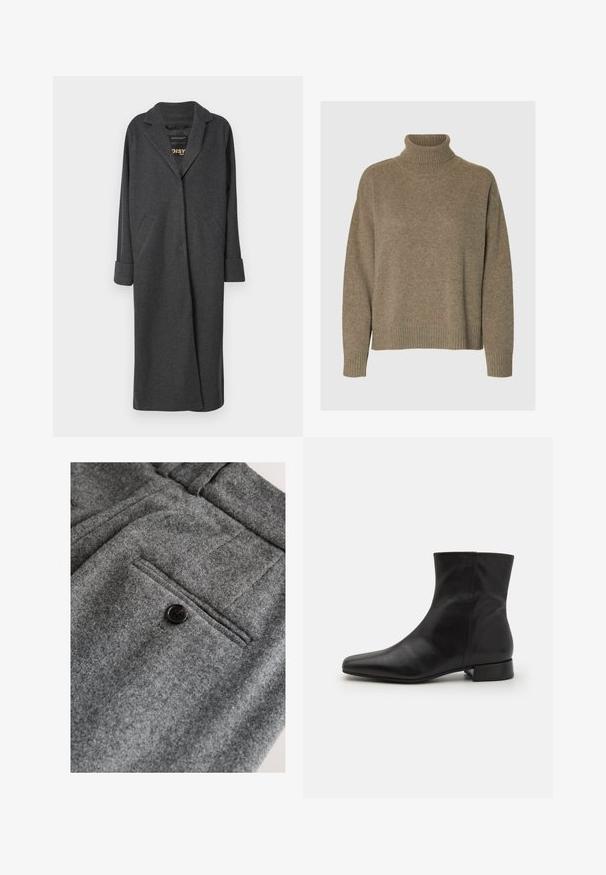 Lange grijze jas van een wollen mix, met een notch-kraag, twee voorkruiken en opgerolde mouwen. Soepele textuur en getailleerd ontwerp.; Turtlenecktrui in een zachte bruine brei. Heeft brede ribgebreide manchetten en zoom, met een relaxte pasvorm en een gestructureerd oppervlak.; Grijze wollen broek met een platte voorkant, een enkele achterzak met een zwarte knoop en een zachte, gestructureerde afwerking.; Zwarte leren enkelboot met een spitse neus, gladde textuur, minimalistisch ontwerp en een lage blokhak. Zijrits gaat tot de enkel.