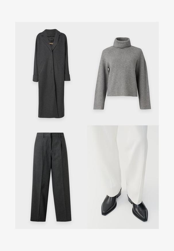 Lang grå frakke lavet af uldblanding, med en notch-krave, to forlommer og op-rullede ærmer. Glat tekstur og skræddersyet design.; Object Roll neck - Striktrøje - medium grey; Mørkegrå bukser med høj talje, plissé detaljer foran, vide ben og glat tekstur. Skræddersyet design uden synlig hardware eller udsmykninger.; Sorte spidse ankelstøvler med en glat læderoverflade, lave blokhæle, og parret med hvide brede bukser. Enkel og moderne design.