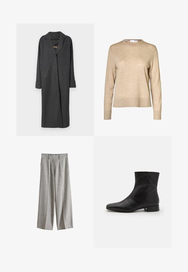 Lang grå frakke lavet af uldblanding, med en notch-krave, to forlommer og op-rullede ærmer. Glat tekstur og skræddersyet design.; Beige langærmet uldsweater med rund hals og ribstrikkede manchetter og kant, vist mod en hvid baggrund.; Grå vidtbenede uldbukser med bæltestropper, frontfolder og sidelommer, vist mod en hvid baggrund.; Sort læder ankelstøvle med spids tå, glat tekstur, minimalistisk design og en lav blokhæl. Sidelukning går op til anklen.