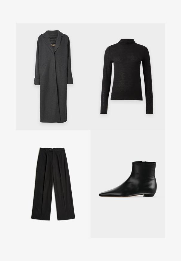 Langer grauer Mantel aus Wollmischung, mit Reverskragen, zwei vorderen Taschen und hochgekrempelten Ärmeln. Glatte Textur und maßgeschneiderter Schnitt.; Schwarzes langärmliges Turtleneck-Oberteil aus einem strukturierten Material, mit schlankem Schnitt und minimalistischer Gestaltung ohne sichtbare Muster oder Hardware.; Schwarze Hose mit weitem Bein, Knopfverschluss und dezenten vertikalen Nadelstreifen, auf weißem Hintergrund flach ausgelegt.; Schwarzer Lederknöchelstiefel mit spitzer Vorderkappe, niedrigem Keilabsatz und glatter Oberfläche, seitlich auf hellgrauem Hintergrund gezeigt.