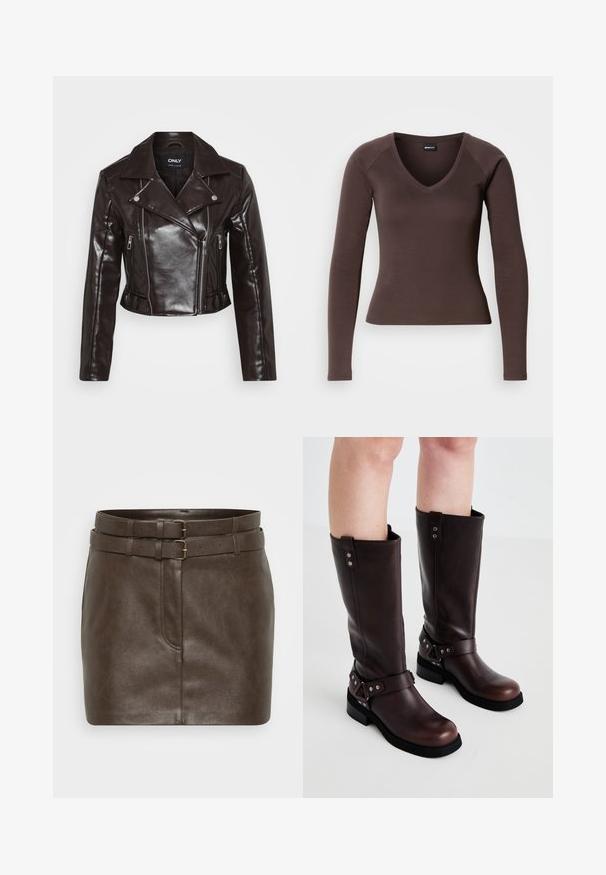 Chaqueta corta de cuero sintético marrón con cremalleras plateadas, cuello ancho y mangas largas. Presenta bolsillos con cremallera diagonales y verticales.; Top marrón de manga larga y escote en V con una silueta ajustada, fabricado en tela elástica y suave, con mangas raglán y dobladillos limpios.; Minifalda de cuero marrón con doble hebilla en la cintura, que presenta una textura suave, forma ajustada y bolsillos discretos.; Botas de cuero marrón hasta la rodilla con una textura suave, que cuentan con una correa ancha y detalles de hardware triangulares, suelas de goma planas.