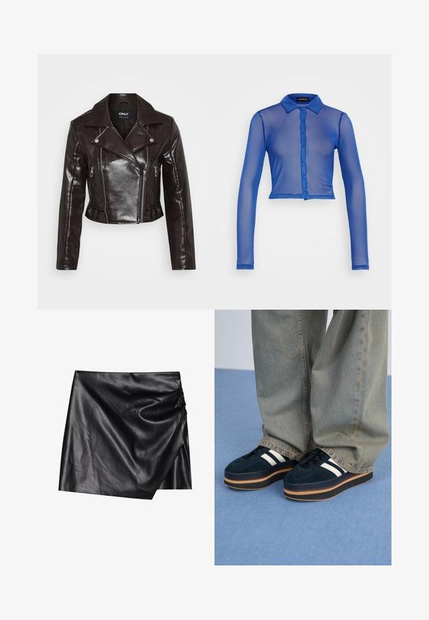 Braune Fake-Leder-Cropped-Jacke mit silbernen Reißverschlüssen, breitem Kragen und langen Ärmeln. Verfügt über diagonale und vertikale Reißverschlusstaschen.; Hellblaue, durchsichtige Bluse mit langen Ärmeln und Kragen, ausgestattet mit einem sechsknöpfigen Verschluss und cropped Design. Glatte Textur mit einem leichten, transluciden Erscheinungsbild.; Schwarzer Leder-Minikilt mit Wickeldesign, ausgestattet mit einer weichen, glatten Textur und dezenten Drapierungselementen auf einer Seite.; Dunkelblaue Wildleder-Plattform-Sneaker mit weißen Streifen und schwarzen Schnürsenkeln. Mit einer dicken braunen Gummisohle ausgestattet. Tragen Sie sie mit hellblauen Jeans.