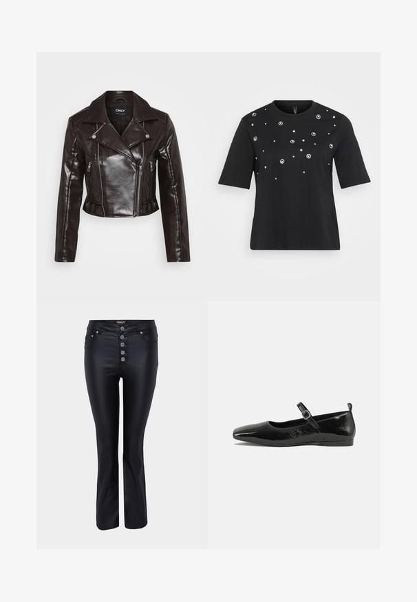 Brun faux læder cropped jakke med sølv lynlåse, bred krave og lange ærmer. Har skrå og lodrette lynlås lommer.; Sort kortærmet t-shirt lavet af bomuld, med cirkulære sølvdekorationer arrangeret i et spredt mønster på forsiden.; Sorte flared jeans med et elegant design, lavet af et glat materiale. Har fem sølvfarvede knaplukninger og lommer foran.; Sorte patentlæder flade sko med spidse tæer, en ankelrem med spænde og en glat, blank tekstur. Lav hæl for komfort.
