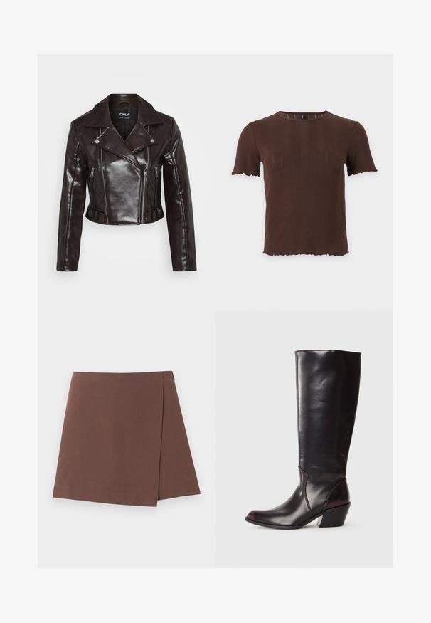 Brun faux læder cropped jakke med sølv lynlåse, bred krave og lange ærmer. Har skrå og lodrette lynlås lommer.; Brun kortærmet ribstrikket top med rund halsudskæring og bølgete kanter ved ærmer og kant, vist på ensartet lys baggrund.; Brun A-formet nederdel med let overlapdetalje foran, lavet af glat stof, vist på en ensartet lys baggrund.; Knæhøj, mørkebrun læderstøvle med spids tå, vinkelret blokhæl og en glat, blank overflade. Har et enkelt design og syningsdetaljer.