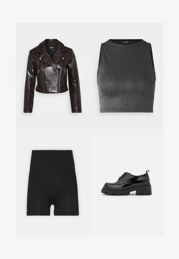 Brun faux læder cropped jakke med sølv lynlåse, bred krave og lange ærmer. Har skrå og lodrette lynlås lommer.; Monki TORI - Top - black/silver; Sorte ribbede cykelshorts med høj talje og blød tekstur, der har en glat overflade og ingen synlige sømme.; Sorte patentlæder sko med en kraftig platformsål og tykke snørebånd. Runde tå, minimal detaljer og en lille hæltab bagpå.