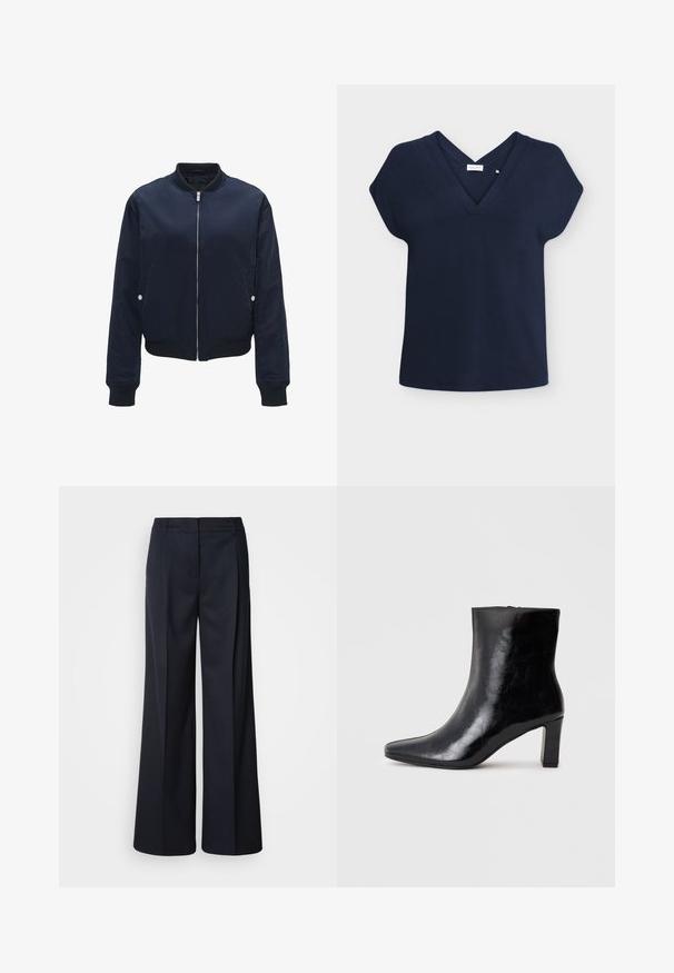 Marineblauwe bomberjack van gladde stof, met een ritssluiting aan de voorkant, ribgebreide manchetten en zoom, zijzakken en accenten in zilver. ; Navyblauwe blouse met korte mouwen, V-hals en subtiel kruisdetail bij de halslijn, plat liggend op een lichte achtergrond.; Wijde broekspijpen in donker marineblauw, gemaakt van gladde stof. Voorzien van een getailleerde tailleband en voorplooien, ontworpen voor een ontspannen pasvorm.; Zwarte enkellaars gemaakt van glanzend leer, met een puntige neus en een gemiddelde blokhak, voorzien van een gladde textuur en een eenvoudig ontwerp.