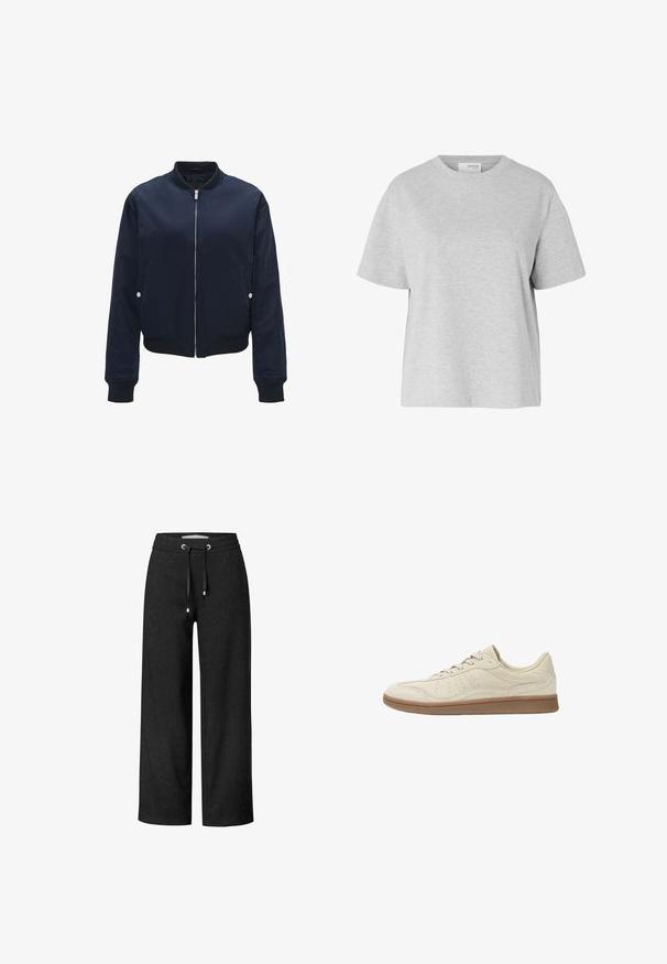 Marineblauwe bomberjack van gladde stof, met een ritssluiting aan de voorkant, ribgebreide manchetten en zoom, zijzakken en accenten in zilver. ; Lichtgrijs T-shirt met korte mouwen en een ronde hals, een losse pasvorm zonder zichtbare patronen of logo's.; Zwarte wijde broek gemaakt van een zachte, textuurstof. Heeft een elastische tailleband met een trekkoord en zilveren oogjes.; Lichtbeige sneakers van suède met een soepele textuur; voorzien van een gumrubberen zool, ronde veters en subtiele perforaties aan de zijkanten.