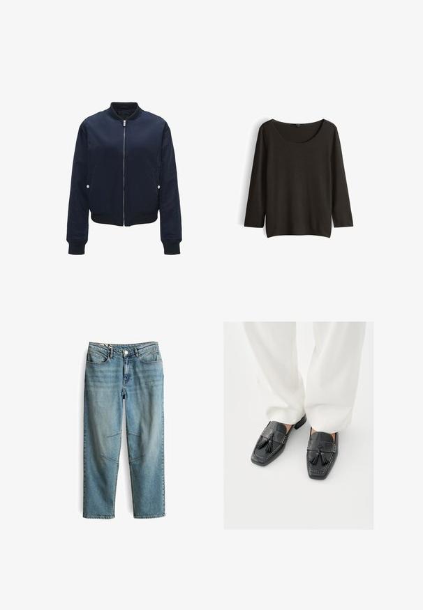 Marineblauwe bomberjack van gladde stof, met een ritssluiting aan de voorkant, ribgebreide manchetten en zoom, zijzakken en accenten in zilver. ; Zwart shirt met lange mouwen en een ronde halslijn, eenvoudig ontwerp en een relaxte pasvorm, getoond tegen een witte achtergrond.; Lichtblauwe spijkerbroek met voorzakken, riemlussen, knoopsluiting en naaddetails boven de knieën, weergegeven tegen een witte achtergrond.; Zwarte leren loafers met kwastjes, voorzien van vierkante neuzen en decoratieve stiksels, gecombineerd met witte wijde broekspijpen.