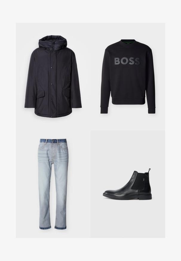 Schwarze gepolsterte Jacke mit abnehmbarer Kapuze, ausgestattet mit Knopfverschluss, zwei großen Fronttaschen und einer glatten, wasserabweisenden Außenseite.; Schwarzes Sweatshirt mit langen Ärmeln und Rundhalsausschnitt, mit erhabenem schwarzem BOSS-Logo mittig auf der Vorderseite sowie gerippten Bündchen und Saum.; Hellblaue Jeans aus Denim mit einem dunkelblauen Bund, geradem Beinverlauf, fünf Taschen und sichtbaren Nahtdetails.; Schwarze Leder Chelsea-Boots mit elastischen seitlichen Einsätzen, einer Zugschlaufe und einer flachen Gummisohle. Glatte Textur mit minimaler Ausgestaltung.