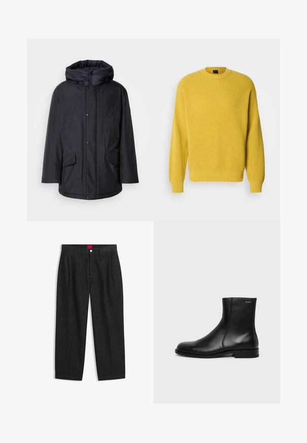 Chaqueta negra acolchada con capucha extraíble, que presenta cierres de botón, dos grandes bolsillos frontales y un exterior liso y resistente al agua.; Jersey amarillo de punto gofre con cuello redondo y puños acanalados. Textura suave, ajuste regular y color sólido sin estampados.; Pantalones negros de talle alto con pliegues delanteros, trabillas para cinturón, cierre con botón y cremallera, y una etiqueta roja en el interior de la cintura.; Botín negro de cuero con tacón bajo, costura lateral y pequeño logo "HUGO" en el puño superior sobre un fondo liso.