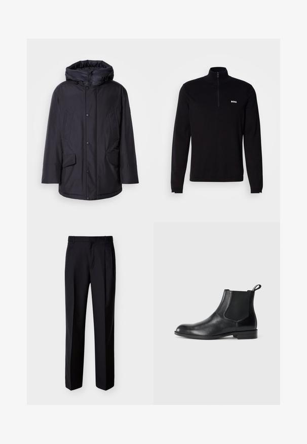 Chaqueta negra acolchada con capucha extraíble, que presenta cierres de botón, dos grandes bolsillos frontales y un exterior liso y resistente al agua.; Jersey negro de manga larga con cuello de media cremallera, con textura acanalada y un logotipo blanco "BOSS" en el pecho. Acabado de tela suave.; Pantalones negros hechos a medida con corte recto, pinzas delanteras y bolsillos laterales. Elaborados con una tela suave y ligera con un patrón sólido.; Botín negro de cuero hasta el tobillo con paneles elásticos a los lados, punta redondeada y lengüeta. Textura suave, suela plana, diseño minimalista.