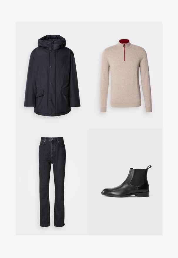 Chaqueta negra acolchada con capucha extraíble, que presenta cierres de botón, dos grandes bolsillos frontales y un exterior liso y resistente al agua.; Suéter beige de cuello alto con una cremallera corta. Presenta detalles rojos a lo largo de la cremallera y una textura suave y lisa.; Jeans de mezclilla negros de cintura alta con cierre de botón y cremallera, bolsillos frontales y traseros, y corte recto.; Botín negro de cuero hasta el tobillo con paneles elásticos a los lados, punta redondeada y lengüeta. Textura suave, suela plana, diseño minimalista.
