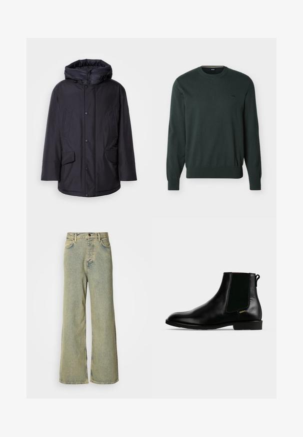 Chaqueta negra acolchada con capucha extraíble, que presenta cierres de botón, dos grandes bolsillos frontales y un exterior liso y resistente al agua.; Suéter de cuello redondo de manga larga en verde oscuro con puños y dobladillo acanalados, pequeño logo negro "BOSS" bordado en el lado izquierdo del pecho.; Jeans de pierna ancha en denim azul claro, con una cintura alta, diseño clásico de cinco bolsillos y un cierre de botón en la parte frontal.; Botín de cuero negro con panel lateral elástico, tacón bajo, lengüeta trasera y pequeño logo dorado "HUGO" en el lateral exterior.