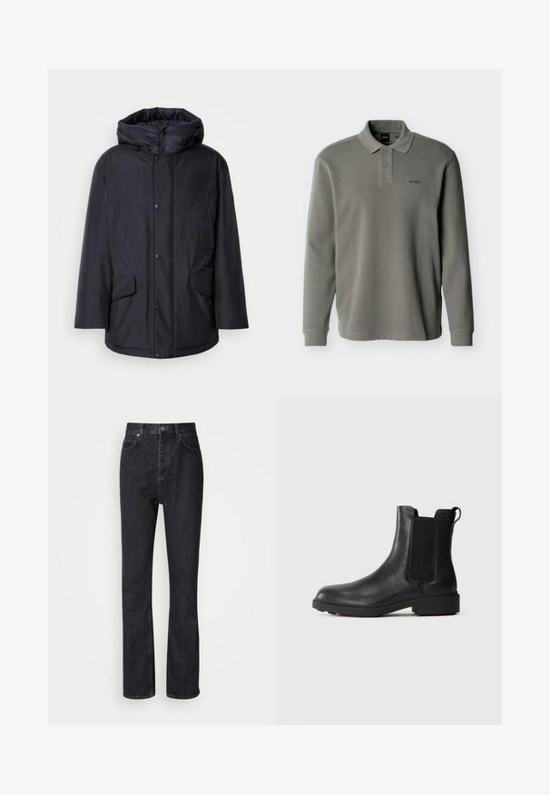 Schwarze gepolsterte Jacke mit abnehmbarer Kapuze, ausgestattet mit Knopfverschluss, zwei großen Fronttaschen und einer glatten, wasserabweisenden Außenseite.; Langärmeliges graues Polohemd mit zwei Knöpfen und gerippter Struktur, mit kleinem" BOSS"-Logo auf der linken Brust gestickt.; Hochtaillierte schwarze Jeans aus Denim mit Knopf- und Reißverschluss, Vorder- und Hintertaschen sowie einer geraden Passform.; Schwarze Leder-Stiefelette mit elastischen Seiteneinsätzen, Zugschlaufe an der Ferse und niedrigem Blockabsatz vor einem schlichten Hintergrund.