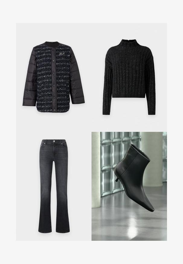 Sort og marineblå polstret jakke med en tekstureret stoffront, der har en knaplukning og logo-broderi. Glatte ærmer og nederkant.; Sort chunky strikket sweater med ribbet mønster, lange ærmer og en kort ståkrave.; Mørkegrå flagrende jeans med et klassisk femlomme-design, lavet af denimstof, med metalknaplukning og subtile syninger.; Sort læderankelstøvle med spids tå og lav kitten-hæ, vist vinklet mod en poleret gulv- og glasblokvæg.