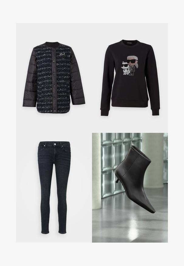 Sort og marineblå polstret jakke med en tekstureret stoffront, der har en knaplukning og logo-broderi. Glatte ærmer og nederkant.; Sort sweatshirt med et rhinestone grafik af en karakter og en kat, begge iført solbriller. Klassisk crew neck, ribbede manchetter og kant.; Slank jeans i mørk indigo denim, med en mid-rise talje, klassisk fem-lomme design og subtile syninger langs sømmene.; Sort læderankelstøvle med spids tå og lille hæl vist mod en væg af glasblokke og poleret gulv baggrund.