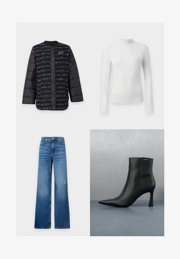 Sort og marineblå polstret jakke med en tekstureret stoffront, der har en knaplukning og logo-broderi. Glatte ærmer og nederkant.; Hvid langærmet turtleneck top lavet af et struktureret, glitrende materiale. Har en tætsiddende pasform og en høj halsudskæring.; Bredde ben i blå denimjeans med en lys vask, der har fem lommer og et standard taljebånd med en knaplukning. Glat struktur.; Sort læder ankelstøvle med spids tå og geometrisk hæl. Har subtil branding og en glat overflade. Baggrunden består af strukturerede fliser.